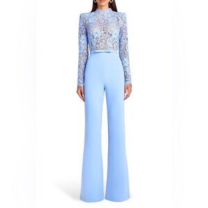 NWT NADINE MERABI Maddie Lace Long Sleeve Wide Leg Jumpsuit Size 12 Pastel Blue